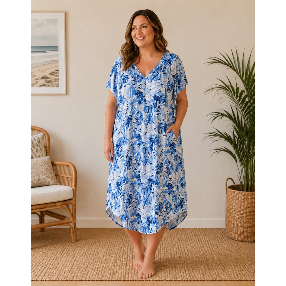 Nottibianche Nightgown Women XL Blue Tropical Monstera Leaf Print Lyocell Midi